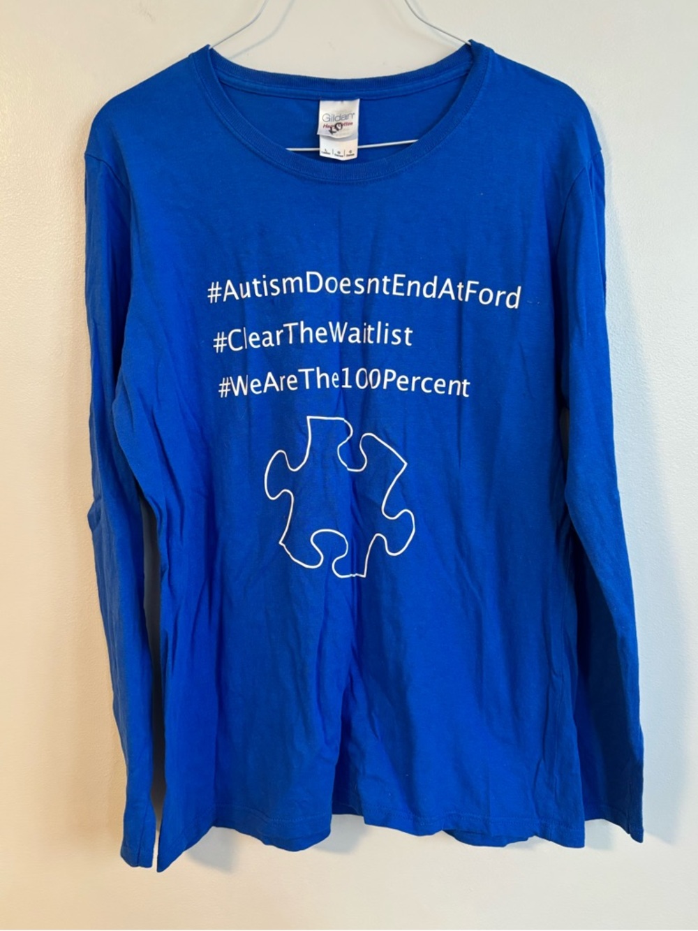Gildan Heavy Cotton Autism Awareness Blue White Long Sleeve Shirt Size Large